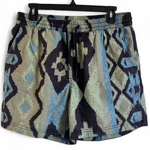 Urban Outfitters Cotton Drawstring Shorts Black Blue Olive Green Ikat Print Sz M